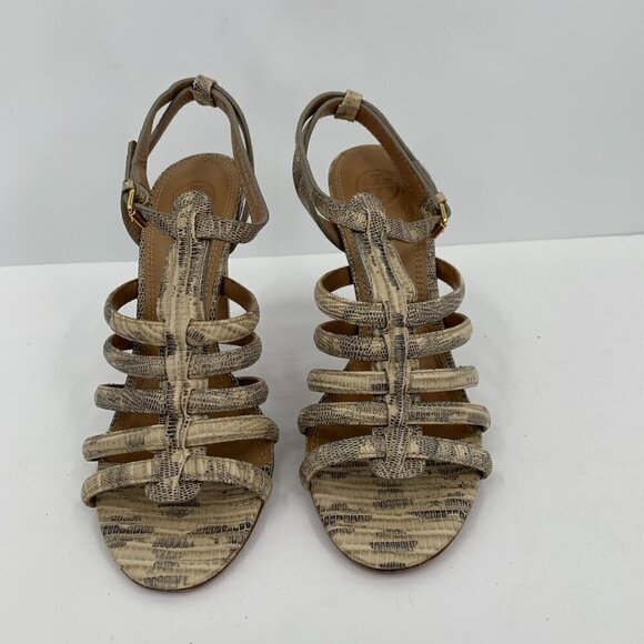 Tory Burch Charlene leather cream snake strappy heel sandal cage tan 8.5 - Picture 5 of 7